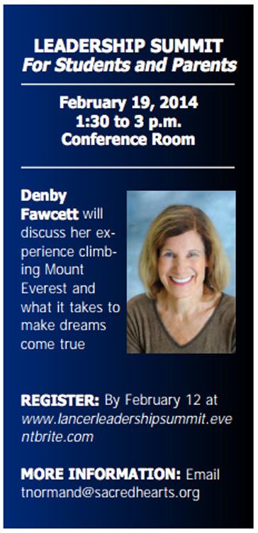 Well known journalist Denby Fawcett will speak to student leaders on Feb. 19 about leadership and her trek up Mount Everest.