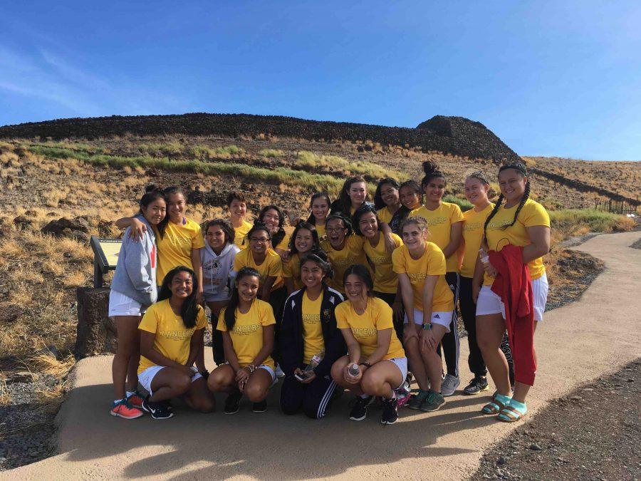  Lancer varsity soccer girls visiting Puukohola Heiau National Historic Site during their preseason trip.