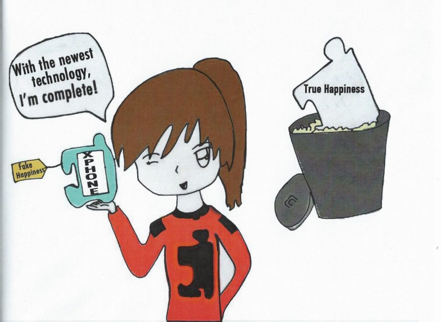 An average teen finds happiness in purchasing the newest model of the X-Phone; little does she know, her satisfaction will be short-lived. Seeking to find fulfillment and a way to maintain a high-standing on the social hierarchy, society’s desire for the ‘latest and greatest’ often reflects a lack of self-worth and a jaded view of happiness. Illustration by Kailanianna Ablog.