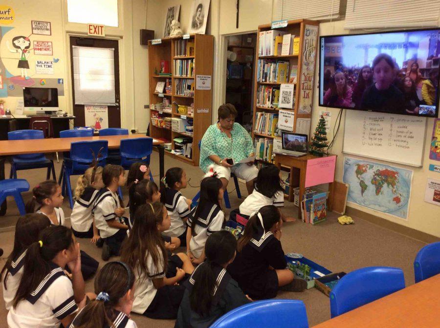 Students at Carolina Friends School video chatting with Melody Coloma’s third grade class. They learned about life on Hawaii, while Coloma’s class got to learn about what life is like on the mainland. Photos courtesy of Laurel Oshiro.