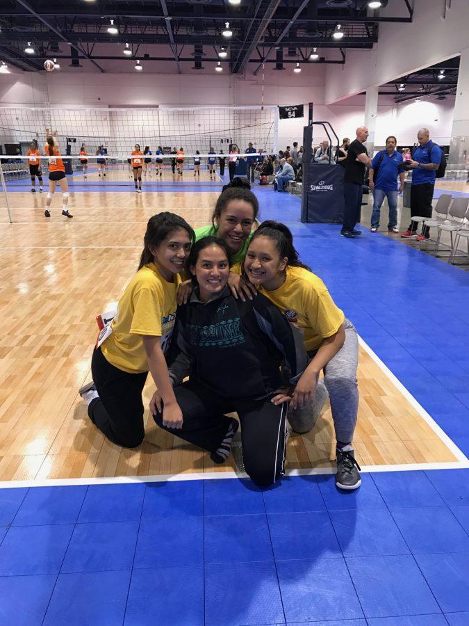 Juniors Chasry Lum-King, Angelyne Loiselle, Hi’ialo Apo and Tate Lutu ready to relax after a long day of games. Photo courtesy of Hi’ialo Apo.