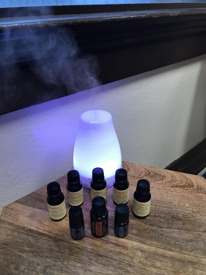 The oil diffuser and some essential oils in Academy counselor Keely Carey’s office. Photo by Keely Carey.