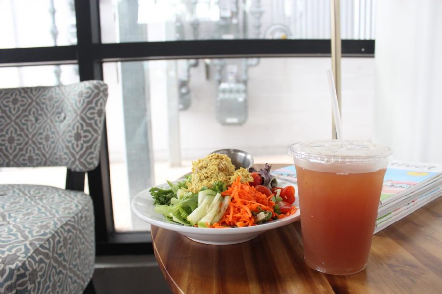 The chicken curried salad offers a twist to typical lunch salads and is topped off with a sip of orange plantation iced tea. 