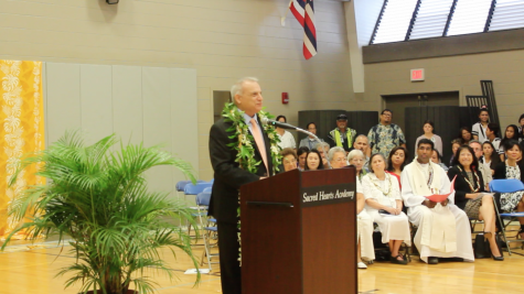 Dr. Scott Schroeder made his official public appearance to Sacred Hearts Academy as the new Head of School following current Head of School, Betty White’s retirement in a special morning assembly on Feb. 28 2019. Photo by Rebecca Meyer. 
