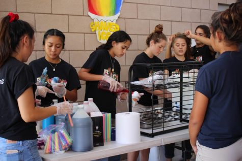 Shaved ice, a chilly treat with colorful syrups are handed out to each of the students and faculty touring the club fair, courtesy of this years student council at the front of the student center. 