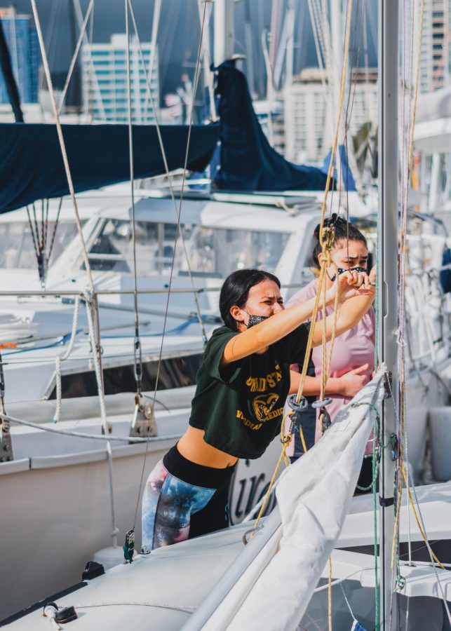Academy junior Juliette Cramer during sailing practice. She also coaches youth at Hawaii Yacht Club. All photos by Jillian Simpson.