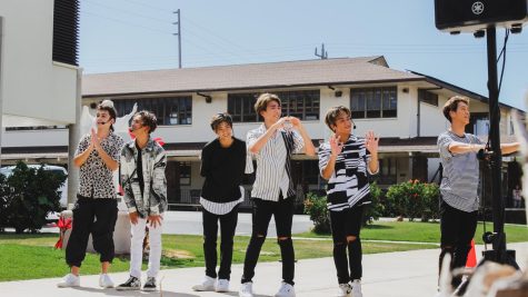 Crossing Rain, a Hawaii-based boy band inspired by K-Pop, recently performed for Lancer fans at Sacred Hearts Academy. They write and choreograph their own songs. Photo by Samantha Europa.