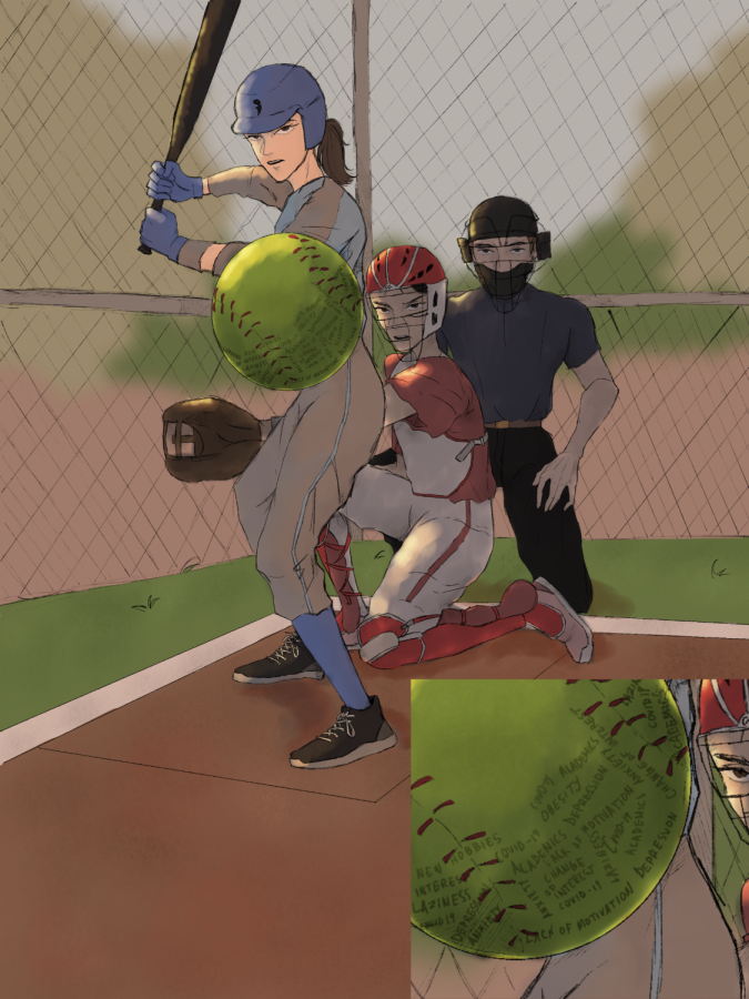 In the spring of 2020, the COVID-19 pandemic halted mostly all in-person activities. Young athletes were forced off the fields and the courts—and into a downward trend of youth who decided they wouldnt go back.

This illustration depicts the issue. It shows a softball player getting ready to bat. Written on the ball coming toward her are issues student athletes face today, including lack of motivation and depression. These issues, experts say, are factors contributing to their disinterest in returning to play. Illustration By Mei Wai Lee.