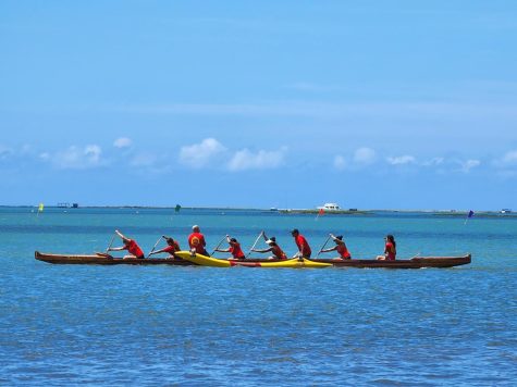 Kalani High School student Lily Merit leading her crew in seat one during the 2022 Hawaiian Canoe Racing Association (HCRA) state championships. Photo courtesy of Merit.


