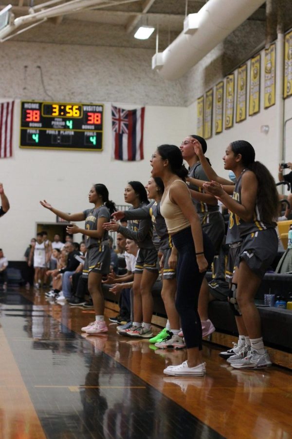 Varsity+basketball+members+cheering+on+their+teammates+during+a+game+against+Hawaii+Baptist+Academy.+All+photos+by+Samantha+Europa.+