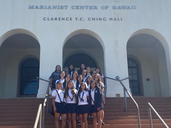 Early College students tour Chaminade University’s campus. The group of high school juniors is on track to earn an associate degree by the time they graduate next year. Photo courtesy of Simplico Paragas.