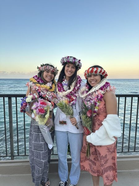Seniors Amber Wolfe, Kana Barlag and Daphne Ibrao celebrate National Letter of Intent (NLI) Day at the Elks Lodge in Waikiki. They committed to sports programs at their colleges of choice. Photo courtesy of the Ibrao Family.