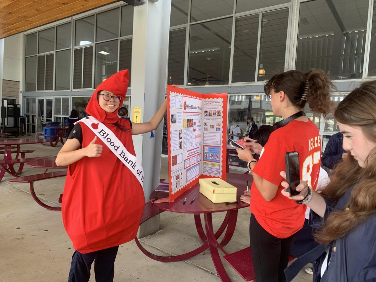 Senior Jenica Wong wears the blood drop costume to invite students to participate in the raffle. The raffle was a fun trivia to test how much students knew about the blood donation process and its outcomes. Photo by Kaiulani Ferrer.