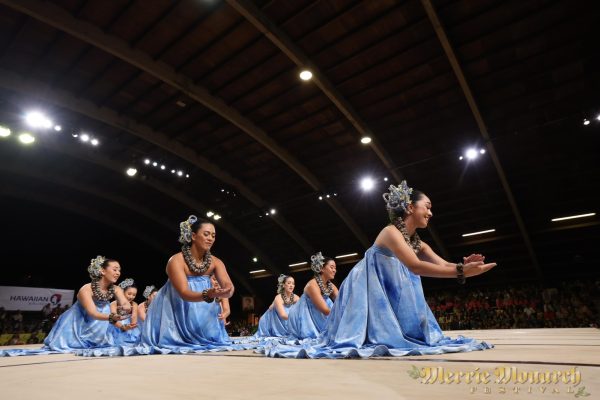 Hula Hālau O Kamuela dancing on the Merrie Monarch stage. Photo courtesy of Bruce Omori.