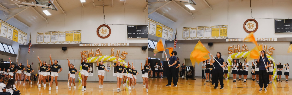 Let’s go, Lancers! The Lancer cheer team brought fun and enthusiastic spirit to the birthday assembly. The girls represent the school in gold and white at athletic events and recently competed in the state championships for the third consecutive year. The band and color guard students also continued to boost school pride, as they showcased their talents with a lively performance in the gym. The band and color guard can also be seen throughout the community, participating in athletic events and parades. “I enjoyed being able to perform for the SHA birthday because I loved hearing the different parts of the song and hearing it become a very nice sounding piece,” sophomore Ally Yokoyama said. “As for color guard, because it’s something that I’m very passionate about, seeing the different techniques that (we) can do and seeing how far we (have come) as a whole band (meant a lot).” 