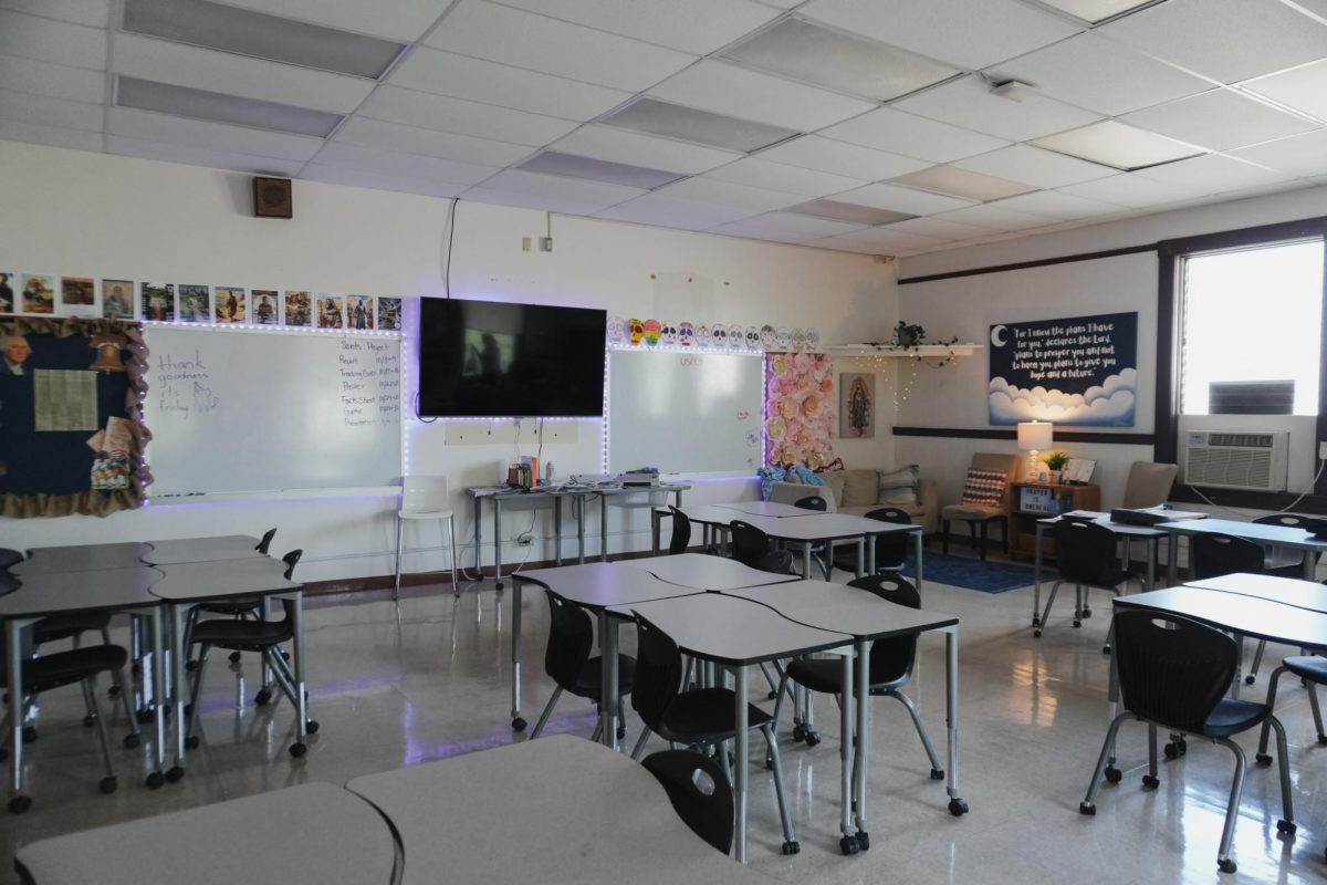 This is a photo of Theology Teacher Steffanie Beissel’s new classroom. Beissel placed a sofa in her classroom, and students love to relax there. Photo by Ann Li.
