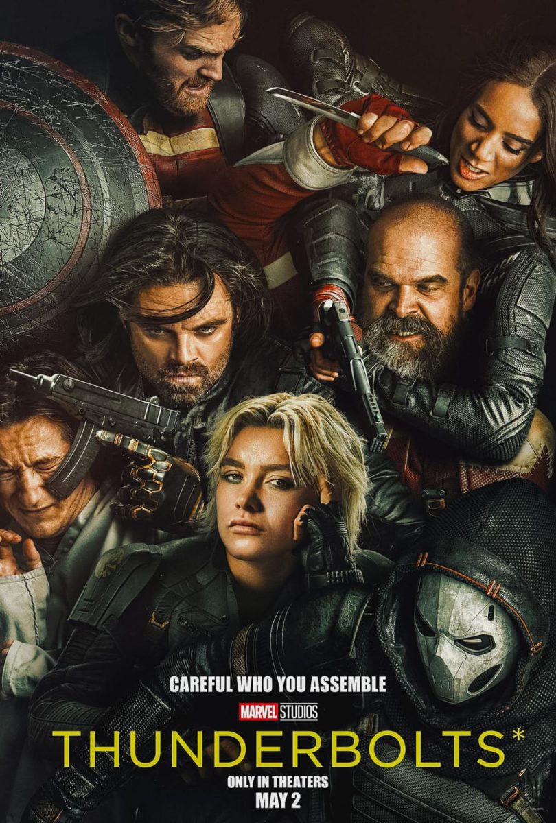 A movie poster of the Thunderbolts team. The characters’ interactions and the tagline, “Careful who you assemble,” allude to their status as antiheroes and dysfunctionality as a team. Photo courtesy of Marvel.