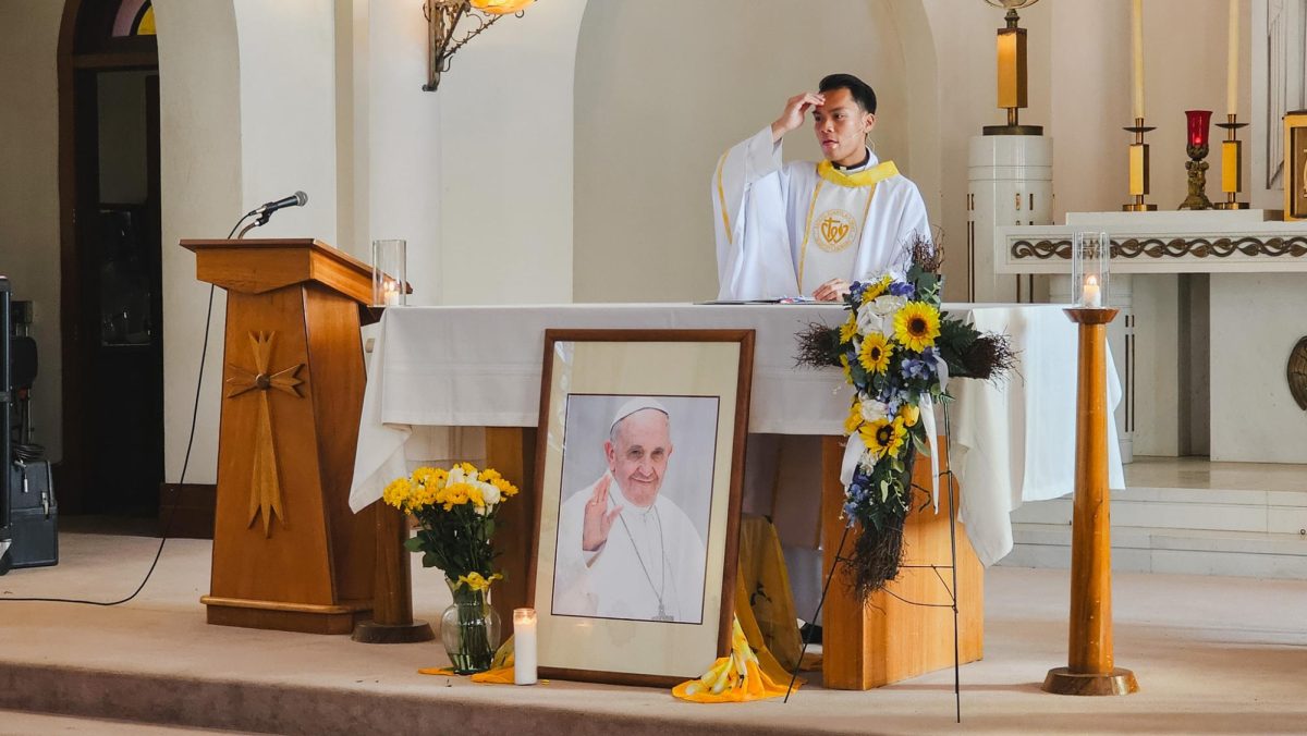 Fr. Jeremy Sabugo hosts the Academy’s memorial mass for Pope Francis. Photo courtesy of Tiffany Kiyabu.