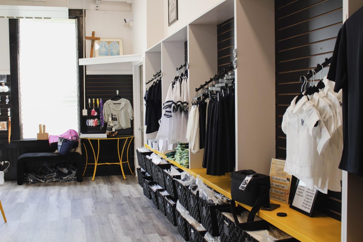 The new Lancer Locker shows a clean organized display of school merchandise. The school store includes plenty of space and is located in an area where everyone can view it.
