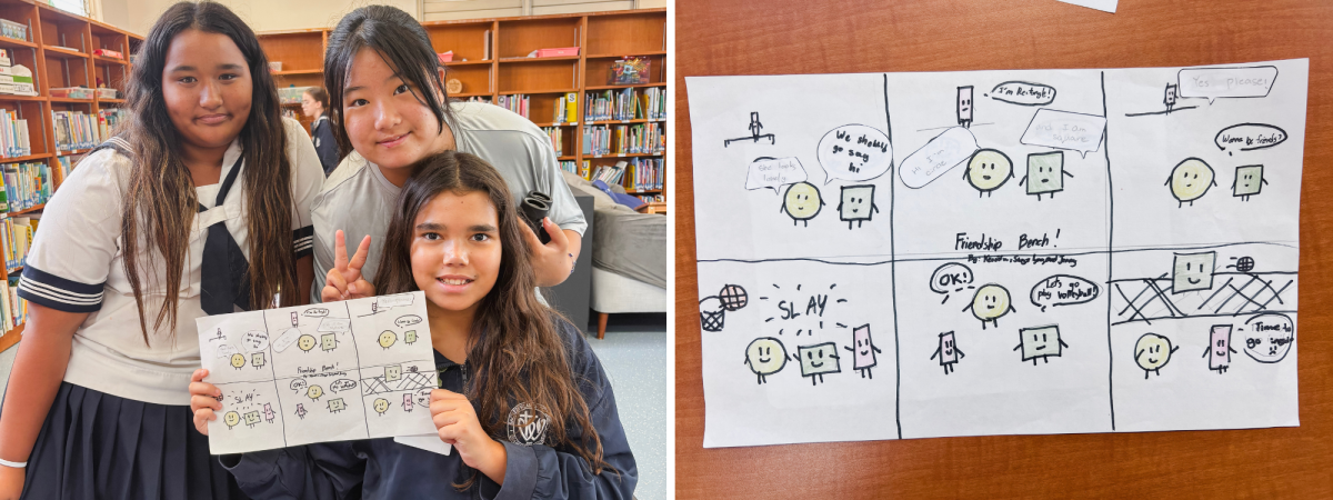 The left photo shows (From Left to Right) Sixth graders Sheyzlynn DeLima, Jennifer Min and Keao’olu Guerreiro. The right photo shows their comic “Friendship Bench,” which talks about a square and a circle who are already friends, inviting the rectangle to be their friend. 