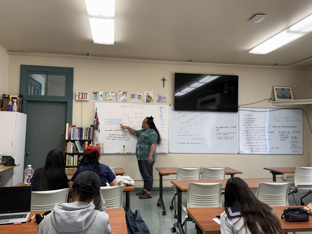 Asing teaching a lesson to his Hawaiian Language students. He returned to teach at the Academy this year.