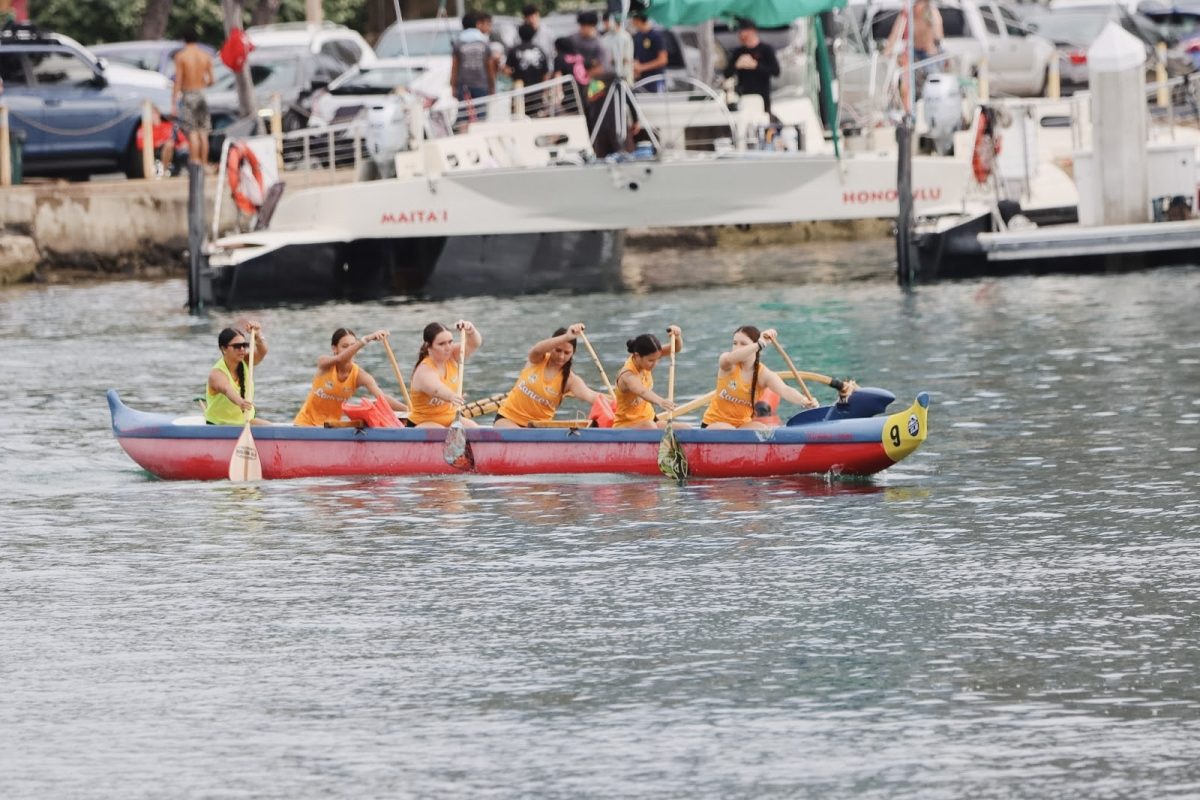 Academy’s varsity girls crew includes sophomore Miko Cvilikas (seat 1), junior Taylor Minami (seat 2), sophomore Anne Holt (seat 3), sophomore Rilynn Milczarski (seat 4), junior Leilani Freitas (seat 5) and junior Joy Gora-Aina (seat 6). Minami reflects on her experience this season.
“I’ve been paddling for three years at the Academy. I started because a friend reached out to me and encouraged me to join,” Minami said. “I feel honored and blessed to go to states with the girls who have been my biggest supporters this season, and to experience it together.”
Minami said one of the team’s biggest challenges was staying focused and not letting their guard down, which could give other teams an opportunity to pull ahead. Another challenge came when the crew got in their own heads and lowered their expectations, affecting their performance.
“But we locked in and showed up for one another,” Minami said. “We knew we wanted to go to states.”