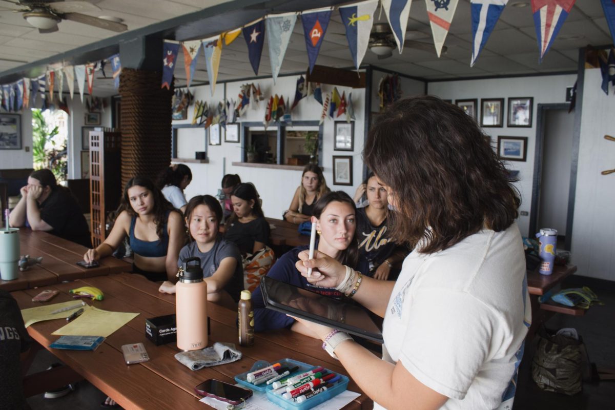 Coach Melody Fernandez instructs academy students, Olivia Vetter Seira Oyama Claire Pinkerton and Maren Williams during a sailing lesson Photo by Elora Speltz

