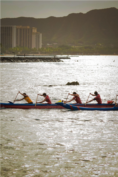 The crew finishing up their race, all in sync as they push to the finish line
(Laule’a Meyer ‘26, Noah Ishida ‘26, Kahua Mersberg ‘26, Gabriel Ahana ‘27)