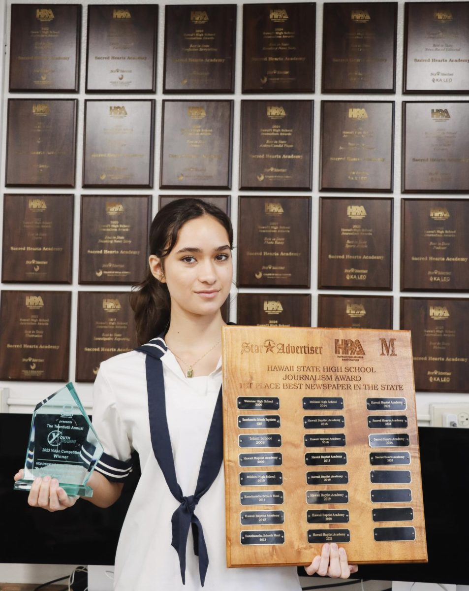 Behind me are the awards from the 2022-2025 Hawai‘i High School Journalism Awards, before the 2026 awards ceremony. To the left is a 2023 Youth Xhange award for a video the Academy submitted, and to my right is the official First-place best in state journalism award.